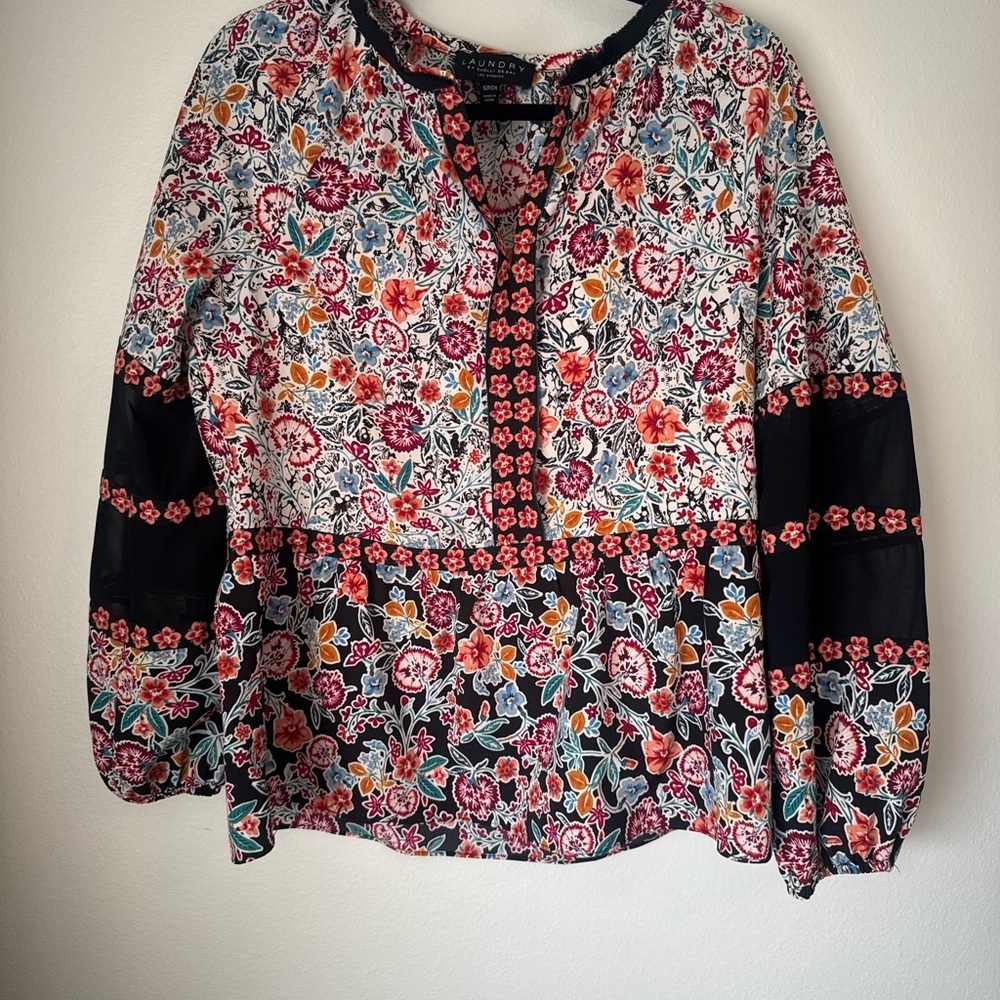 Laundry by Shelli Segal Black Multi Floral Peasant Blouse